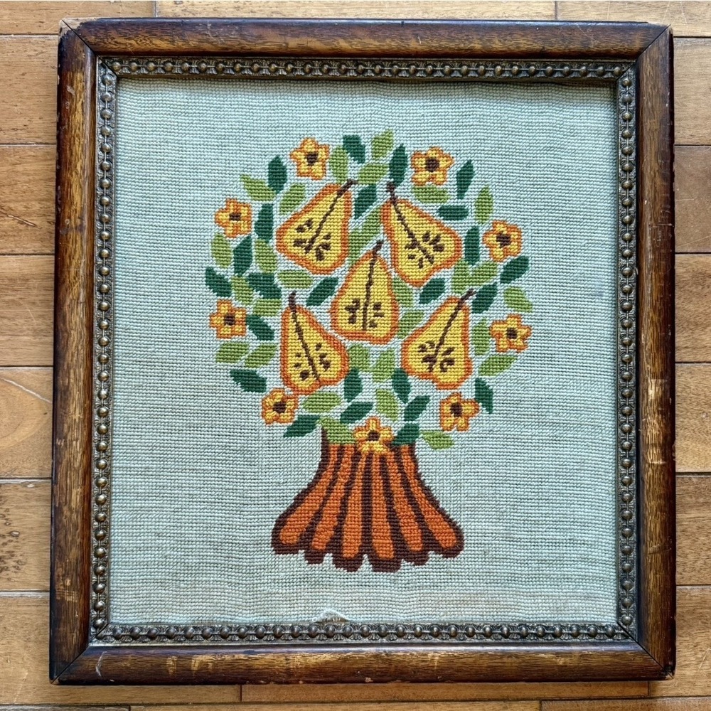 VTG 70s Needlepoint Embroidery Pear Tree Wood Frame Cottage‎ Boho Country 18x17"